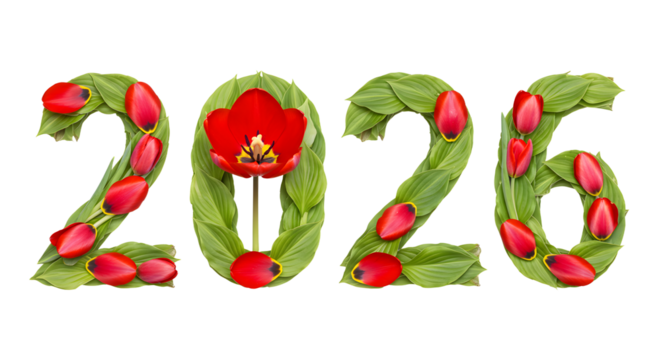 2026 made of green leaves and red tulip flowers, floral nature number concept, perfect for spring events