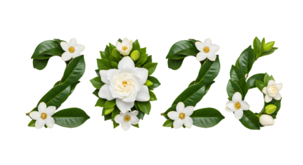 2026 numbers made from green leaves and white flowers, floral nature concept perfect for spring or environmental themes