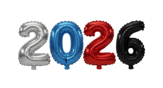2026 Number Foil Balloons in Silver, Blue, Red, and Black on White Background, Perfect for New Year or Anniversary Celebrations