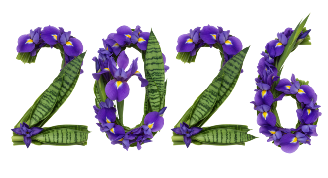 2026 numbers made of purple flowers and green leaves, floral arrangement for calendar or year concept, perfect for spring and nature themes