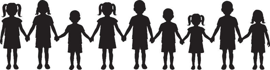 Children Silhouettes Holding Hands, Diversity and Unity Vector