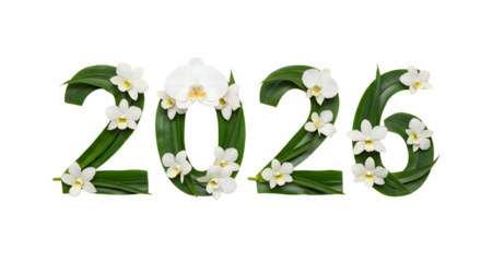 2026 with green leaves and white flowers, floral design for new year, decorative nature concept