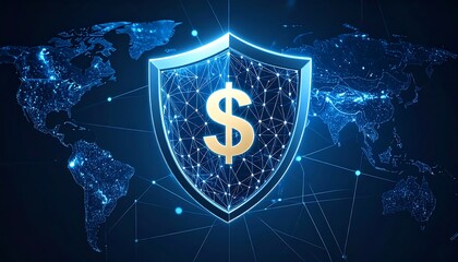 A glowing dollar sign within a shield over a world map depicted with points and lines, all in shades of blue