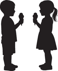 Child Silhouettes with Ice Cream Cones, Boy and Girl Enjoying Sweet Treats