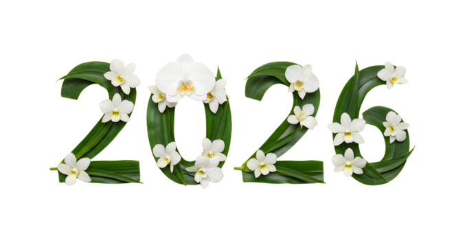 2026 with green leaves and white flowers, floral design for new year, decorative nature concept