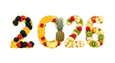 2026 made from fresh assorted fruits including berries, pineapple, kiwi, apple, orange, and banana perfect for healthy celebrations