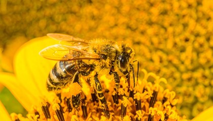 A Close Up Shot Of A Honey Bee Gathering Pollen, Beautifully Captured On A Bright Yellow Sunflower, Highlighting The Bee S Detailed Structure And Pollen Collection.