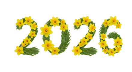 2026 made of yellow daffodil flowers and green leaves isolated on white background, floral decoration perfect for spring and seasonal designs