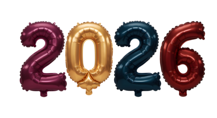 2026 metallic balloon numbers set in purple, gold, blue, and red colors, perfect for New Year parties and celebrations