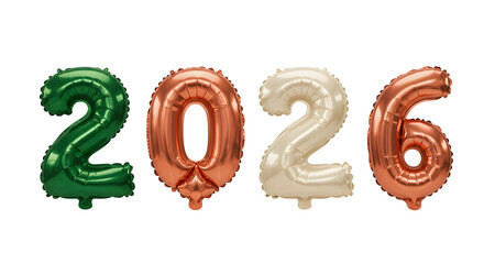Colorful metallic balloons forming number 2026 in festive green, copper, and cream colors, perfect for New Year celebrations or milestone events