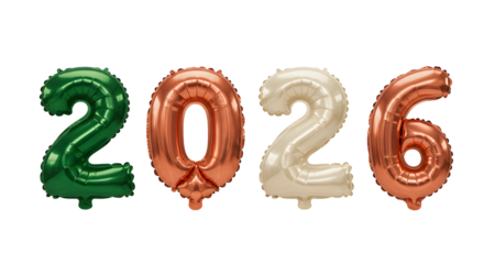 Colorful metallic balloons forming number 2026 in festive green, copper, and cream colors, perfect for New Year celebrations or milestone events