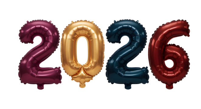 2026 metallic balloon numbers set in purple, gold, blue, and red colors, perfect for New Year parties and celebrations