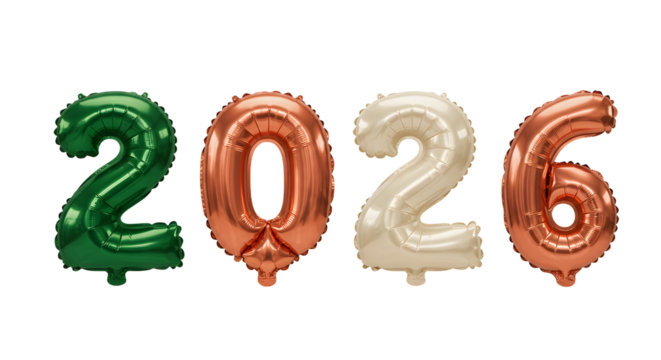 Colorful metallic balloons forming number 2026 in festive green, copper, and cream colors, perfect for New Year celebrations or milestone events