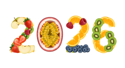 Creative fruit numbers 2026 made with strawberries, passion fruit, orange, blueberries, raspberries, and kiwi, healthy concept, perfect for summer and nutrition themes