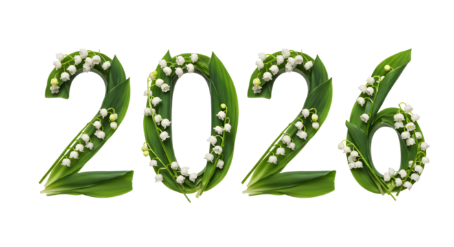 2026 numbers made from green leaves and white flowers, symbolizing nature and new beginnings, perfect for Earth Day and eco-friendly events