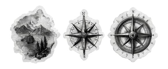 Vintage Black and White Nautical Illustrations of Compass and Landscape