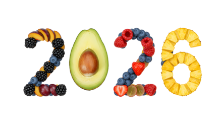 2026 made from fresh berries, avocado, and pineapple slices on white background, healthy fruit numbers perfect for new year themes
