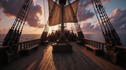 tranquil empty pirate ship deck at sunset, stage set background, nautical adventure | stage, theater, adventure, pirate, fantasy theme