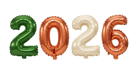 Green, orange, and cream 2026 number balloons isolated on white background, perfect for New Year celebrations and party decorations