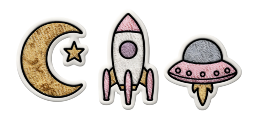Whimsical Space Icons with Moon, Rocket, and UFO in Cute Art Style