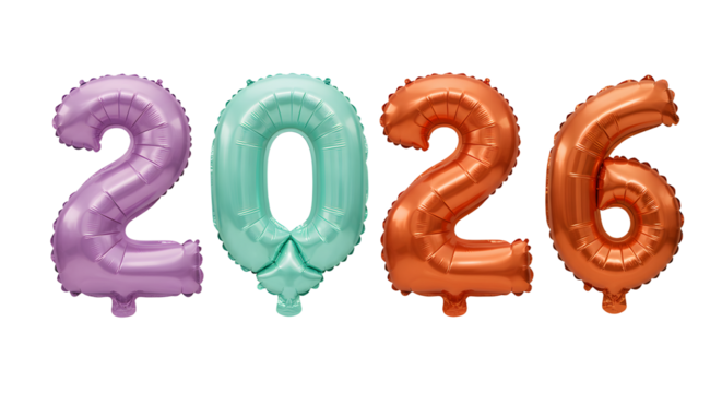 2026 shiny foil balloons in purple, teal, and orange isolated on white, perfect for New Year celebrations or milestone events