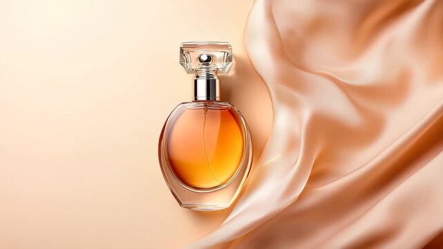Elegant perfume bottle glass fragrance luxury satin peach, amber liquid on soft beige silk fabric, feminine romantic sophisticated beauty glamour