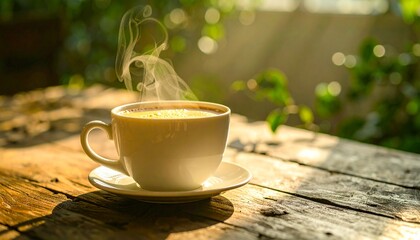 A Steaming Coffee Cup On A Wooden Table, Bathed In Warm Sunlight, Creating A Relaxing And Inviting Morning Scene, Perfect For Cozy Moments And Contentment.