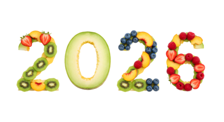2026 year numbers made of fresh fruits and berries colorful and healthy design, perfect for healthy lifestyle and New Year themes