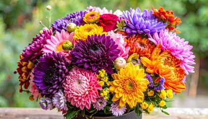 A Stunning Arrangement Of Vibrant Chrysanthemum Flowers In A Colorful Bouquet, Perfect For Gifting Or Home Decor, Showcasing A Rainbow Of Hues And Exquisite Detail.
