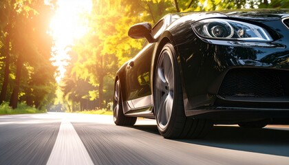 A Stunning Black Luxury Car Speeds Down A Sunny Road, Showcasing Its Sleek Design And Powerful Performance. This High Resolution Image Is Perfect For Automotive Advertising, Websites, And