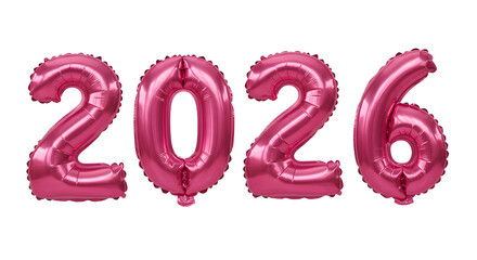 Pink foil balloons shaped as 2026 numbers isolated on white background, perfect for New Year or birthday celebrations