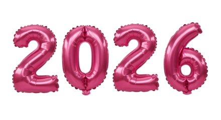 Pink foil balloons shaped as 2026 numbers isolated on white background, perfect for New Year or birthday celebrations