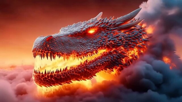 Fiery dragon head with glowing eyes, sharp teeth, and scales emerges from smoky clouds dramatic fantasy scene featuring mythical creature