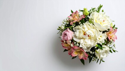 A Stunning Floral Bouquet Displaying Elegant White Peonies And Pink Flowers On A White Background, Creating A Beautiful And Natural Composition. With Comprehensive Details And Informative