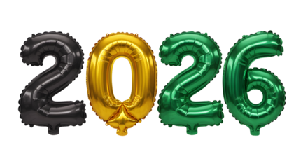 2026 number balloons in black, gold, and green colors isolated on white background, perfect for New Year's celebrations or milestone events