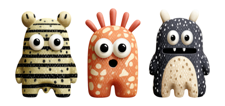 Playful Cartoon Monsters with Unique Shapes and Colors on Transparent Background