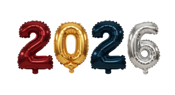 Red, gold, blue, and silver metallic balloon numbers forming 2026 on white background, perfect for new year celebrations or milestone events