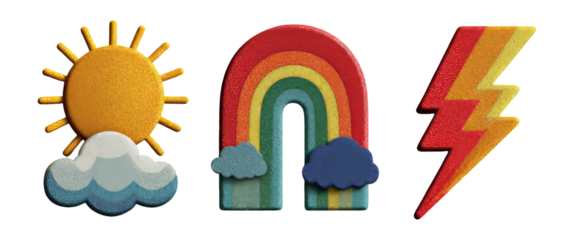 Colorful Sun, Rainbow, and Lightning Icons on Transparent Background