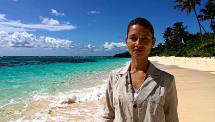 A Woman Stands On A Tropical Beach, Showcasing The Beauty Of Turquoise Waters, White Sand, And Lush Palm Trees Under A Clear Blue Sky. With Comprehensive Details And Informative Content For