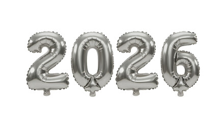 Silver foil number balloons 2026 isolated on white background, party or new year decoration, perfect for celebration events