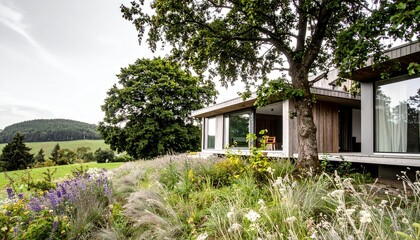 A Beautiful Modern House, With Its Contemporary Architecture, Nestled Amongst Lush Greenery, Surrounded By A Vibrant Meadow, Featuring A Large Tree, And A Peaceful, Natural Landscape,