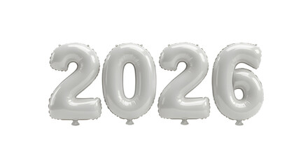 Silver foil balloons shaped as number 2026 against white background, perfect for New Year celebrations and milestone events
