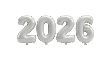 Silver foil balloons shaped as number 2026 against white background, perfect for New Year celebrations and milestone events