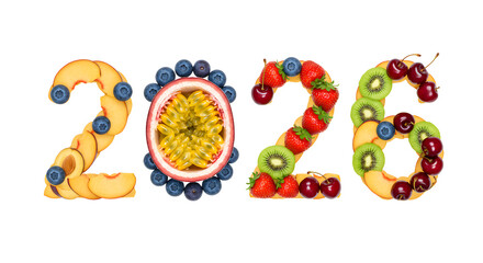 Fototapeta premium 2026 numbers made from fresh fruits including blueberries, passion fruit, strawberries, kiwi, and cherries perfect for healthy lifestyle or new year themes