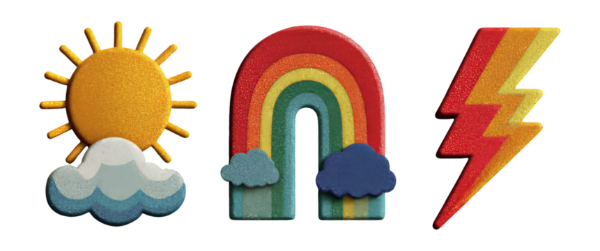 Colorful Sun, Rainbow, and Lightning Icons on Transparent Background
