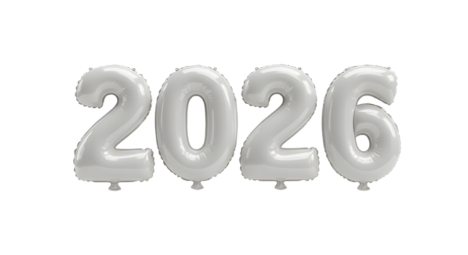 Silver foil balloons shaped as number 2026 against white background, perfect for New Year celebrations and milestone events
