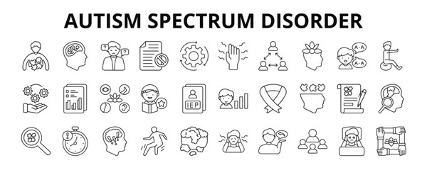 30 Autism Spectrum Disorder Line Icons Vector - Asperger Syndrome, Behavioral Therapy, Autism Diagnosis, Delayed Speech, Hyperactive, Dyspraxia