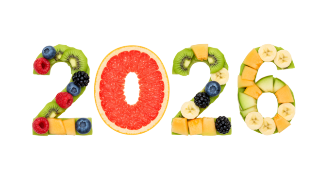 2026 numbers made of fresh fruits including grapefruit, kiwi, banana, blueberries, and mango, healthy natural food concept, perfect for nutrition and diet themes