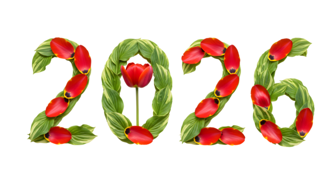 2026 numbers made of green leaves and red flower petals isolated on white background, perfect for eco-friendly New Year designs - Powered by Adobe