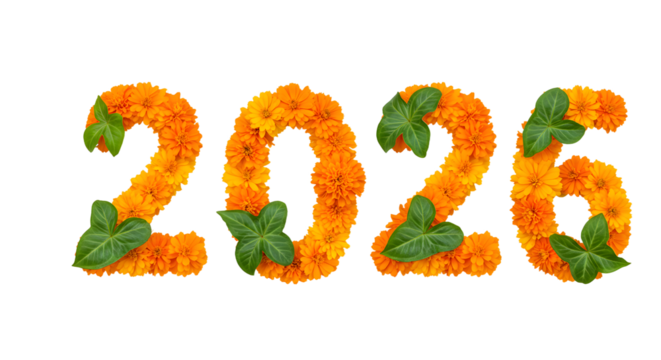 2026 numbers made of orange marigold flowers and green leaves on white background, perfect for spring and summer designs